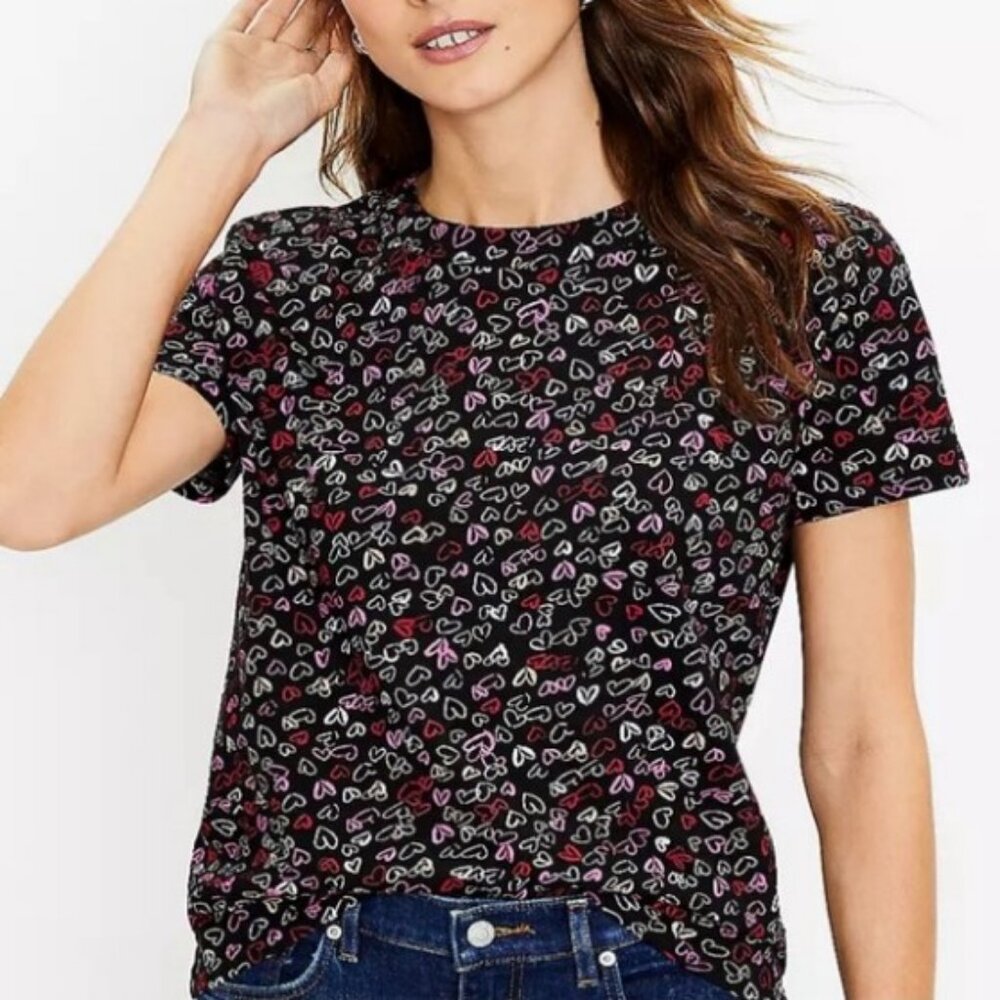 LOFT Valentine's Day Heart Print Short Sleeve Tee Size M Black Pink Red Cotton